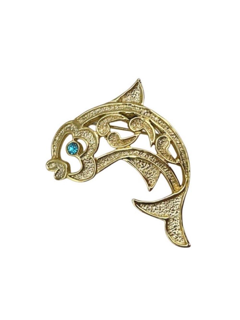 Vintage Gold Tone Open Work Dolphin Brooch with Aqua Blue Rhinestone Crystal Eye